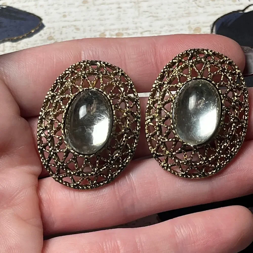 Vintage 80s Gunmetal Silver Stone Statement Earrings - Picture 4 of 6